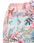Close-up of the waistband, side seam and tropical print on Boys’ Wild Palms board shorts.
