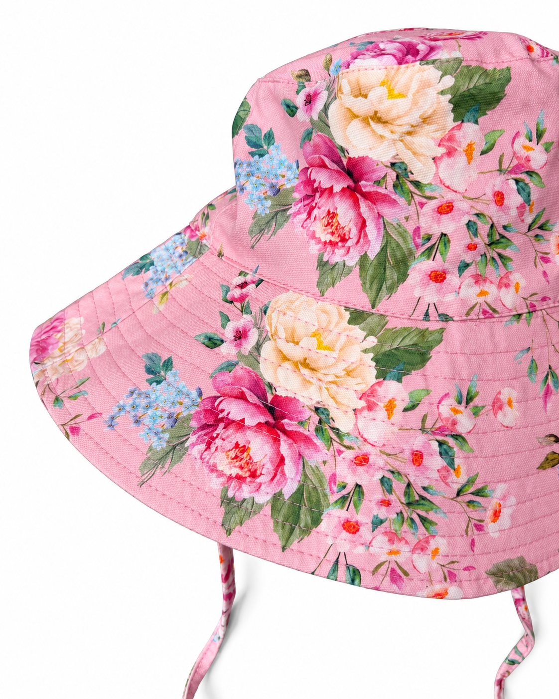 Close-up of the Lilienne pink floral print and stitched brim on the Girls Bucket Hat with Ties