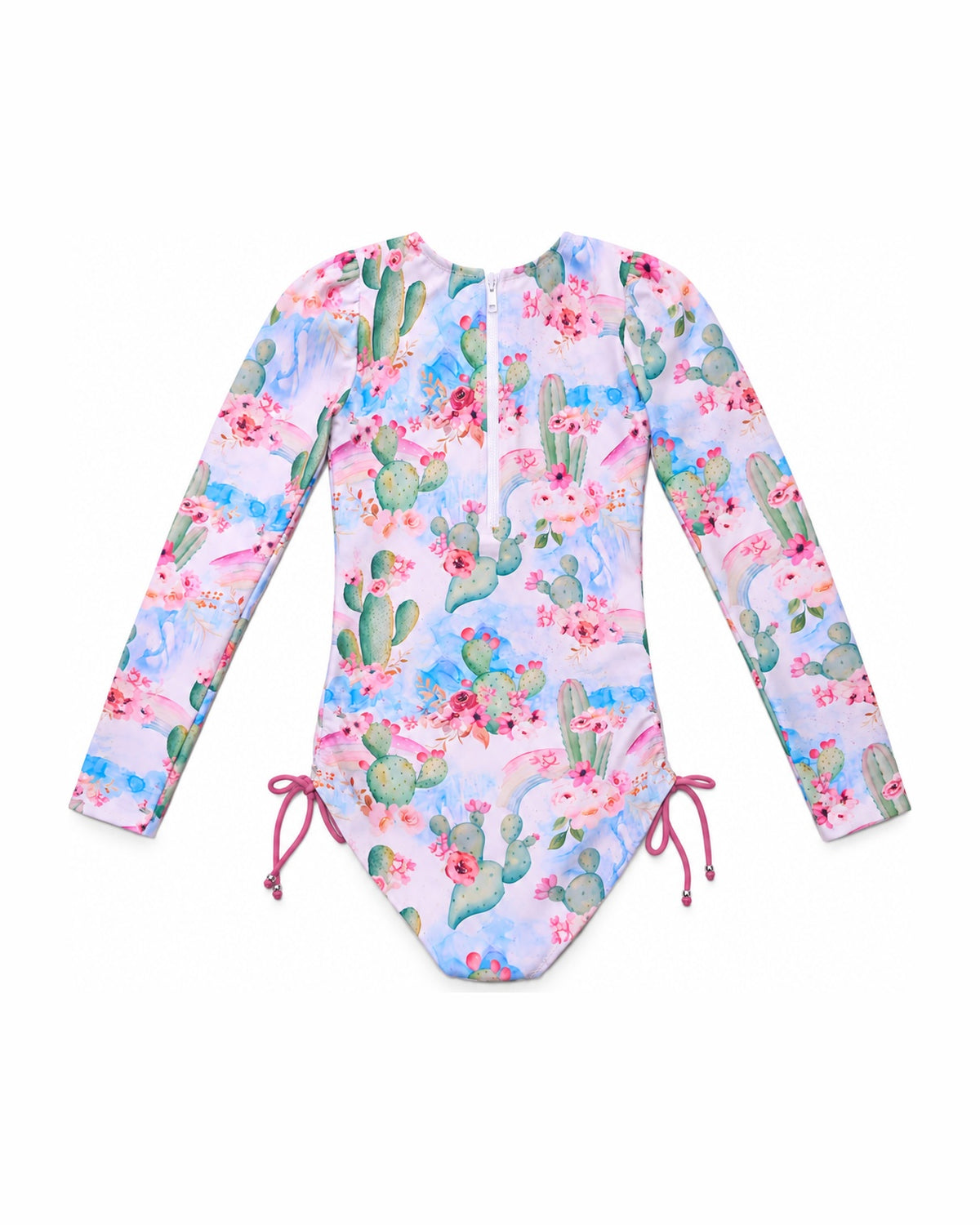 Girls Long Sleeve One Piece Swimsuit – Taormina Bloom – back view flat lay | Olga Valentine luxury girls swimwear