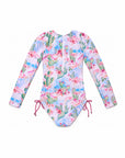 Girls Long Sleeve One Piece Swimsuit – Taormina Bloom – back view flat lay | Olga Valentine luxury girls swimwear