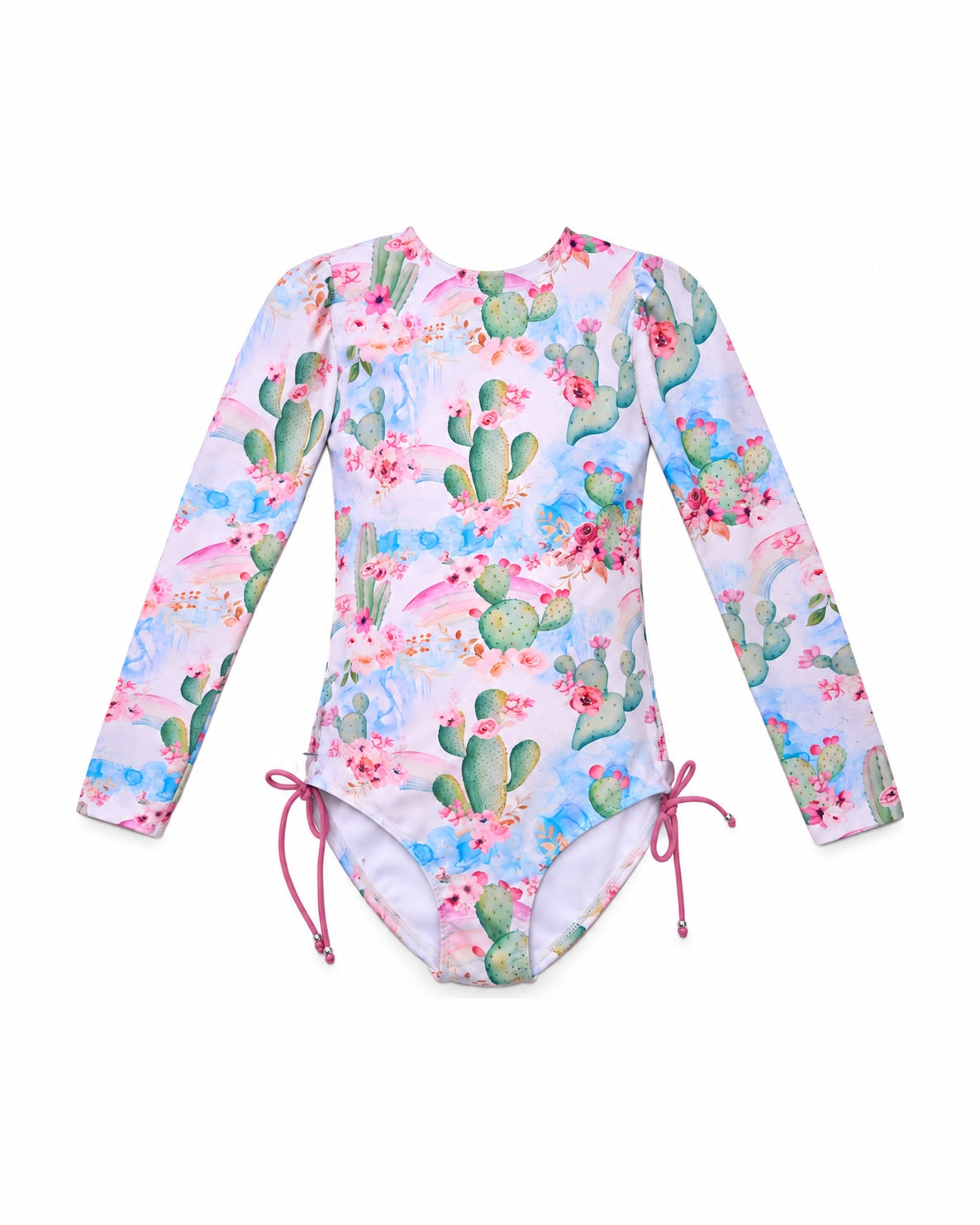 Girls Long Sleeve One Piece Swimsuit – Taormina Bloom – front view flat lay | Olga Valentine luxury girls swimwear