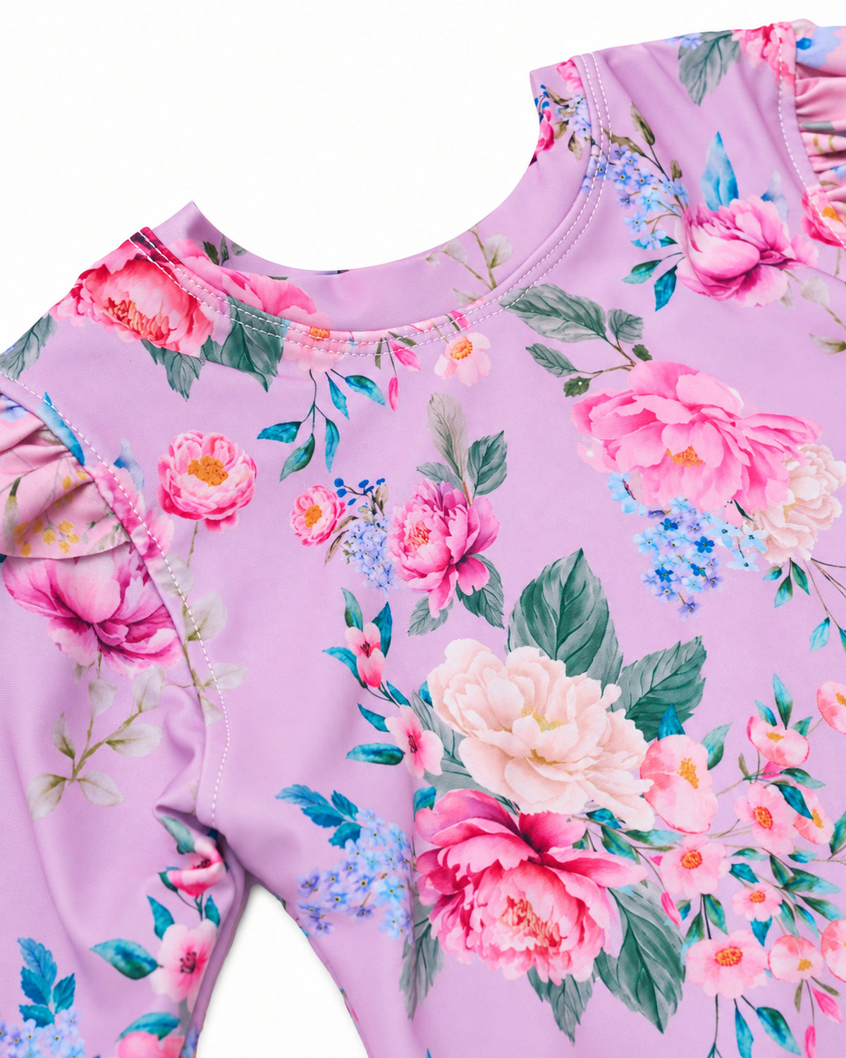 Girls 2 Piece Swim Set with Frilly Bottoms – Violetta - Olga Valentine girls swimwear close up of print