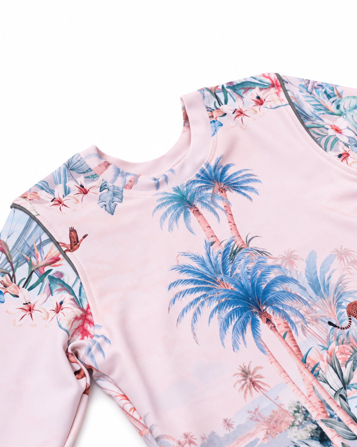 Girls 2 Piece Swim Set in Wild Palms jungle floral print, close-up showing the print.