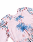 Girls 2 Piece Swim Set in Wild Palms jungle floral print, close-up showing the print.