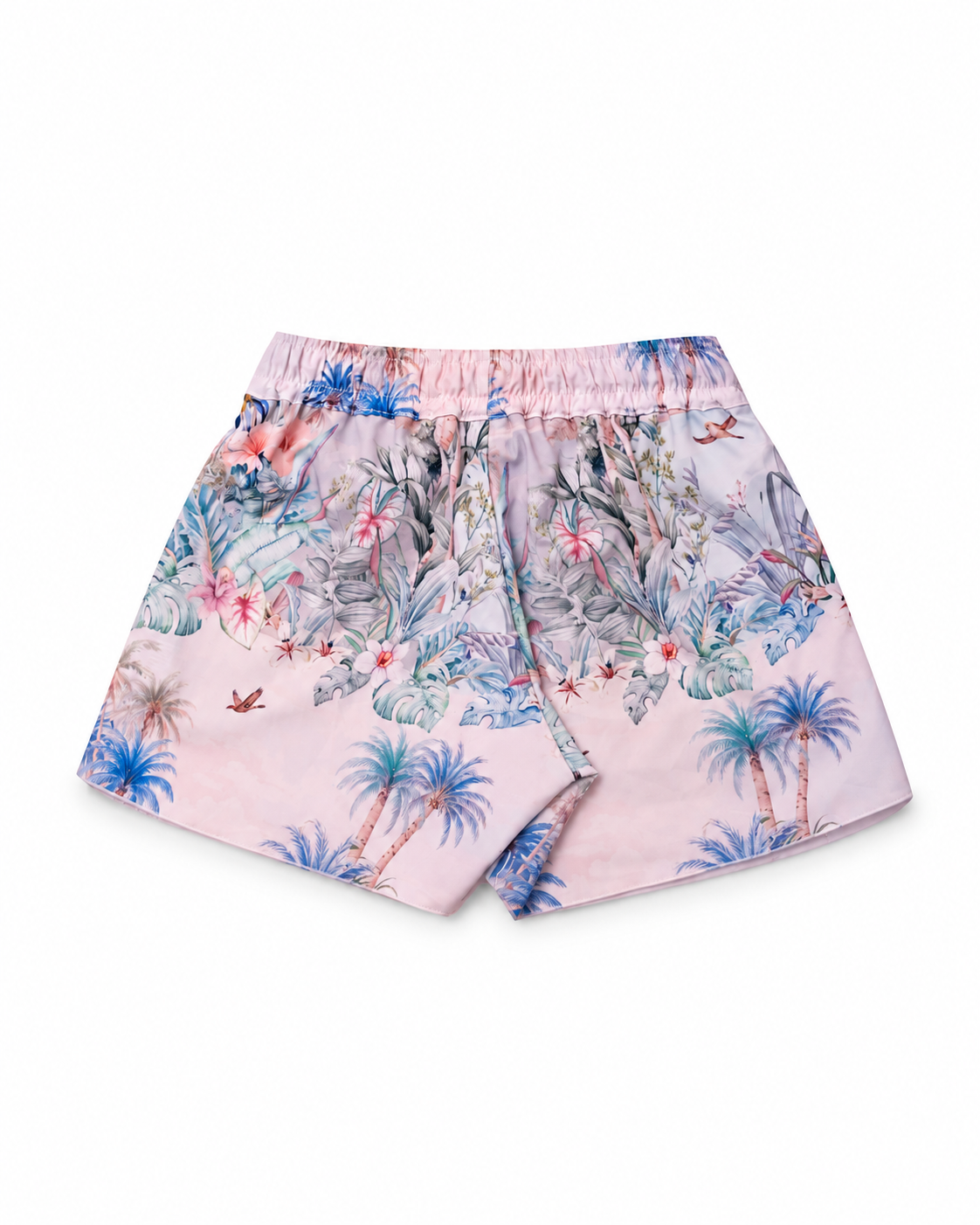: Girls’ Wild Palms board shorts with elastic waistband, back view.