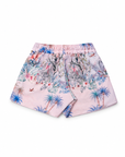 : Girls’ Wild Palms board shorts with elastic waistband, back view.
