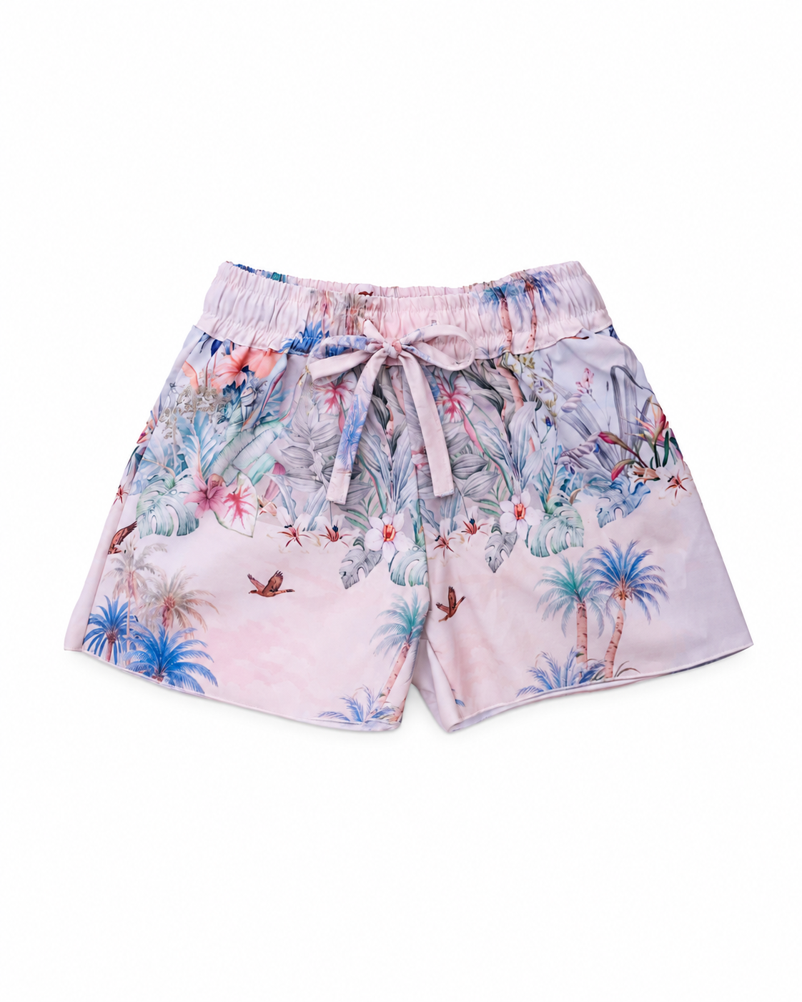 Girls’ Wild Palms board shorts with a fabric waist tie, front view.