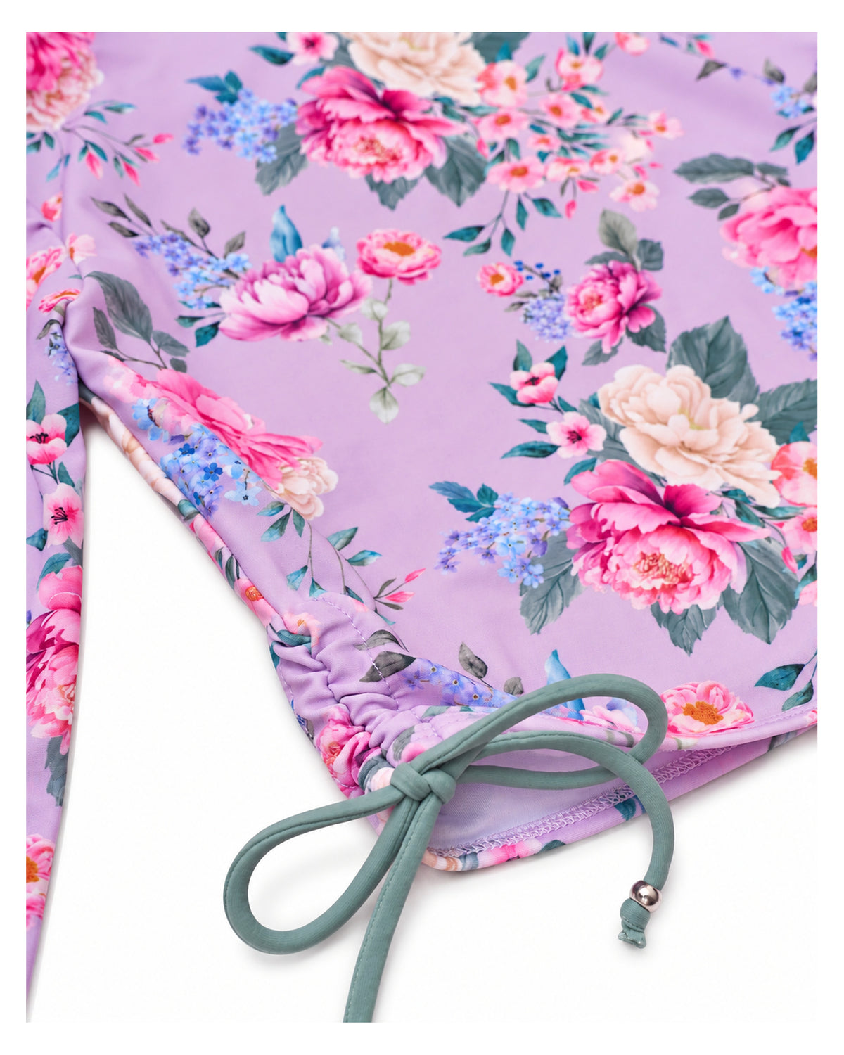 Girls Long Sleeve 2 Piece Swim Set in Violetta floral print – close-up of side ruching and tie detail