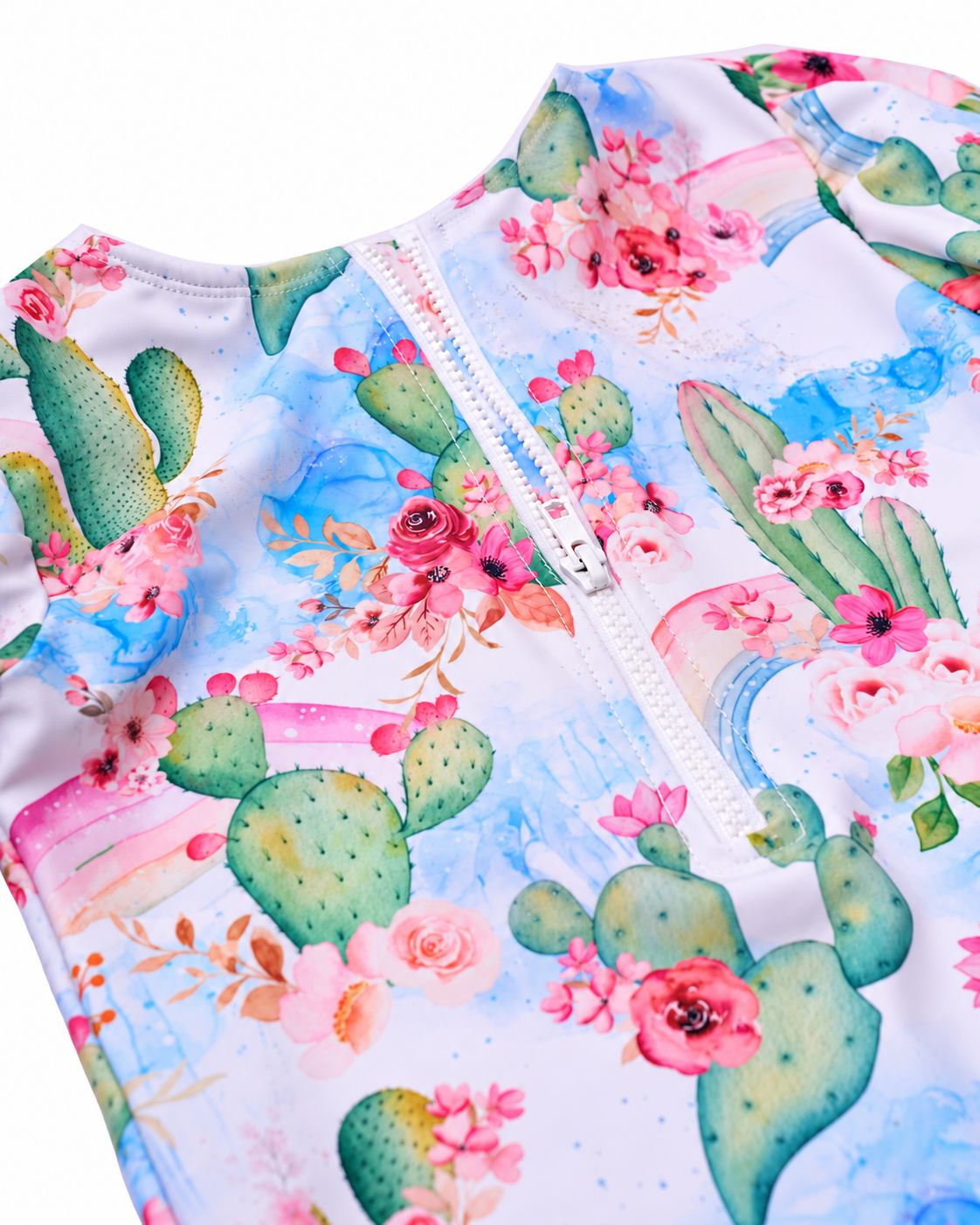 Girls Long Sleeve One Piece Swimsuit in Taormina Bloom print, detail view – Olga Valentine