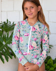 Girls Long Sleeve Zip One Piece – Celestine - Olga Valentine girls swimwear (image 2 of 6)