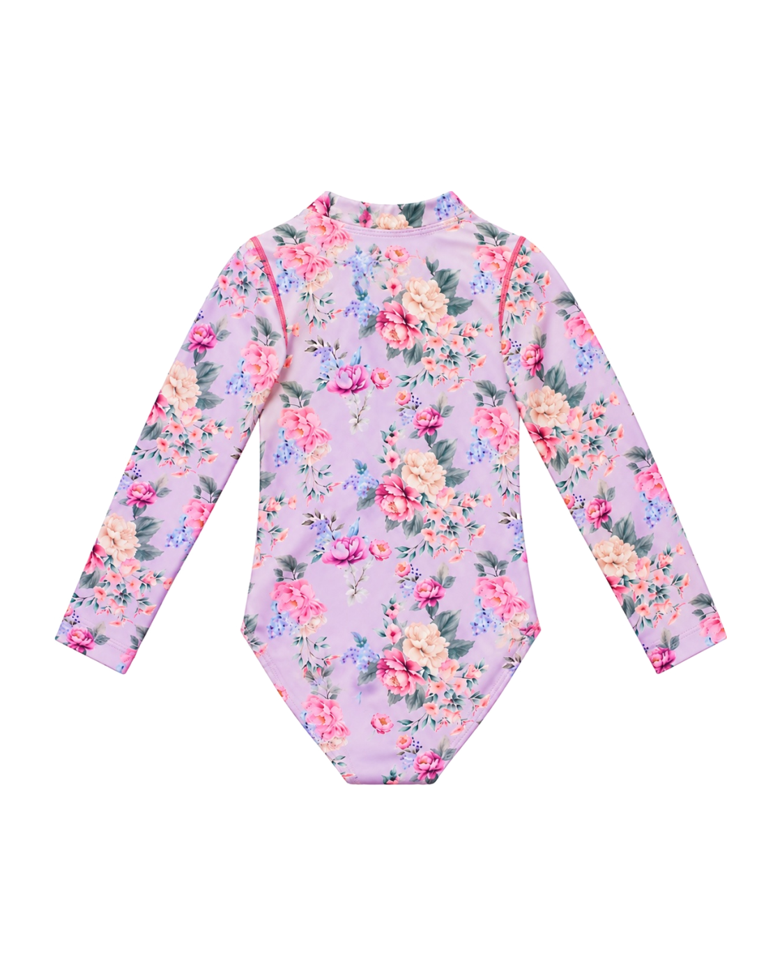 Girls Long Sleeve Zip One Piece in Violetta purple floral print, back view flat lay | Olga Valentine luxury girls swimwear