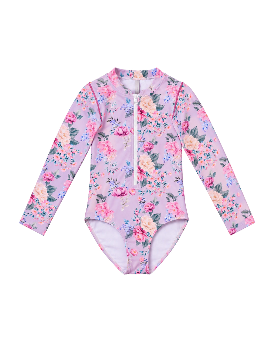 Girls Long Sleeve Zip One Piece in Violetta purple floral print, front view flat lay | Olga Valentine luxury girls swimwear