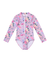 Girls Long Sleeve Zip One Piece in Violetta purple floral print, front view flat lay | Olga Valentine luxury girls swimwear