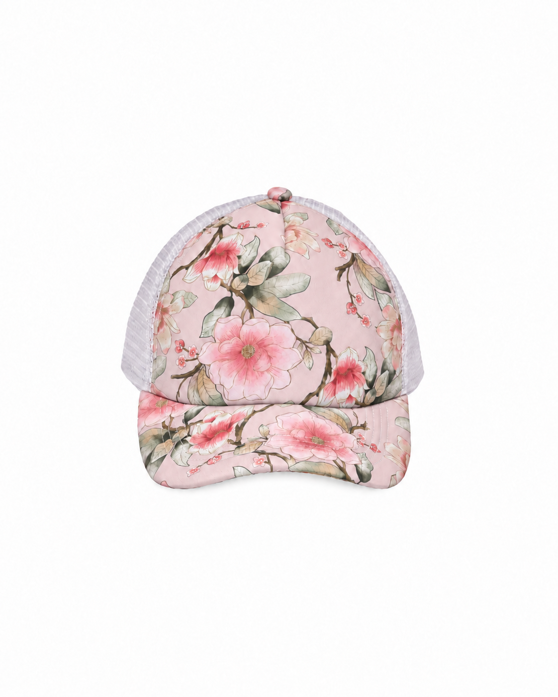 A pink trucker-style cap with a floral cherry blossom print on the front panel and brim, featuring a white mesh back.