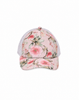 A pink trucker-style cap with a floral cherry blossom print on the front panel and brim, featuring a white mesh back.