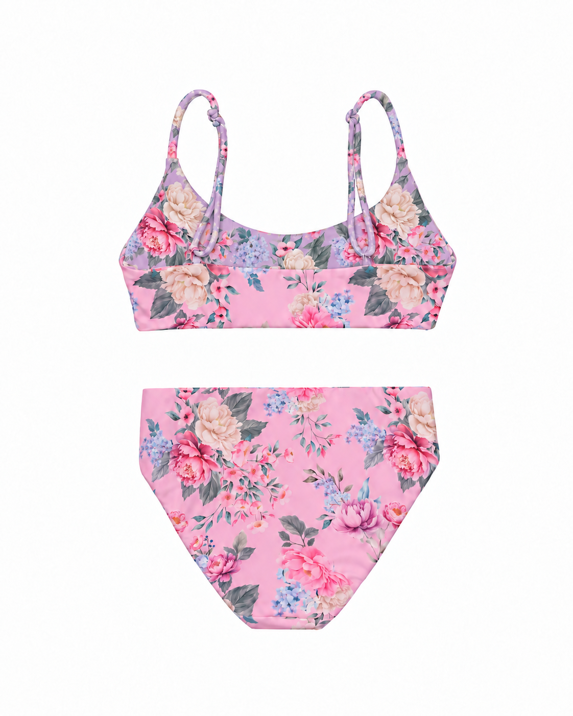 Girls’ reversible Lilienne floral bikini, back view showing adjustable straps and matching bottoms.