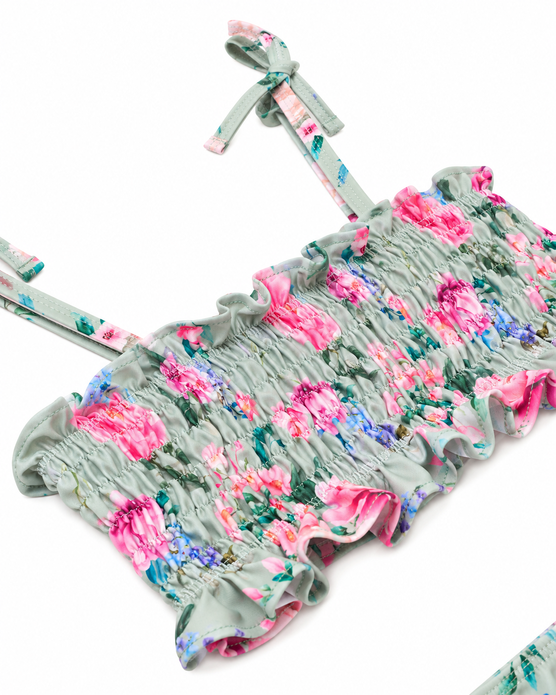 Close-up of Girls Shirred Bikini in Celestine floral print showing shirring and ruffle detail