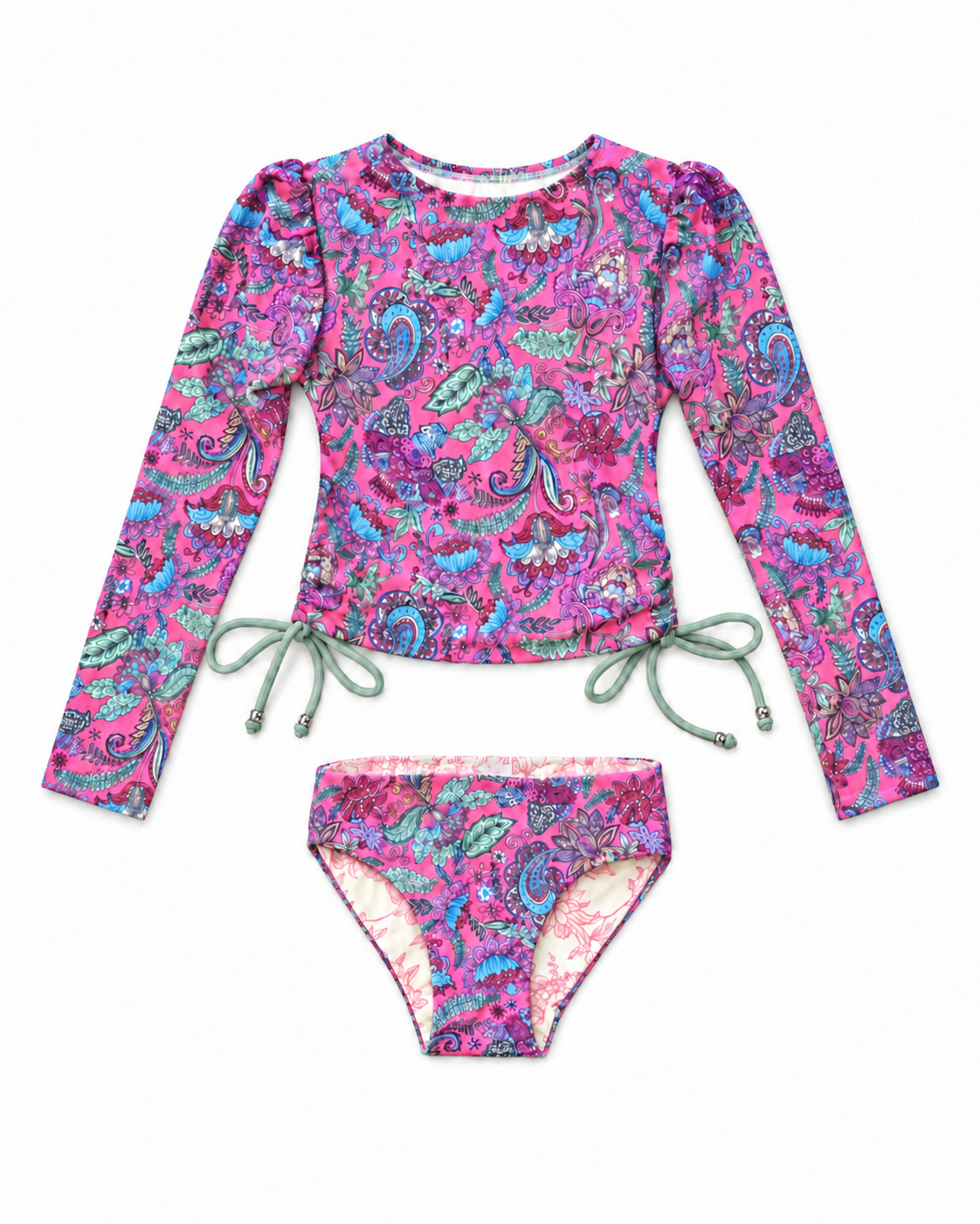 lga Valentine girls’ Liberty pink long-sleeve two-piece swim set, front view, with sage side ties”