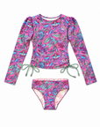lga Valentine girls’ Liberty pink long-sleeve two-piece swim set, front view, with sage side ties”