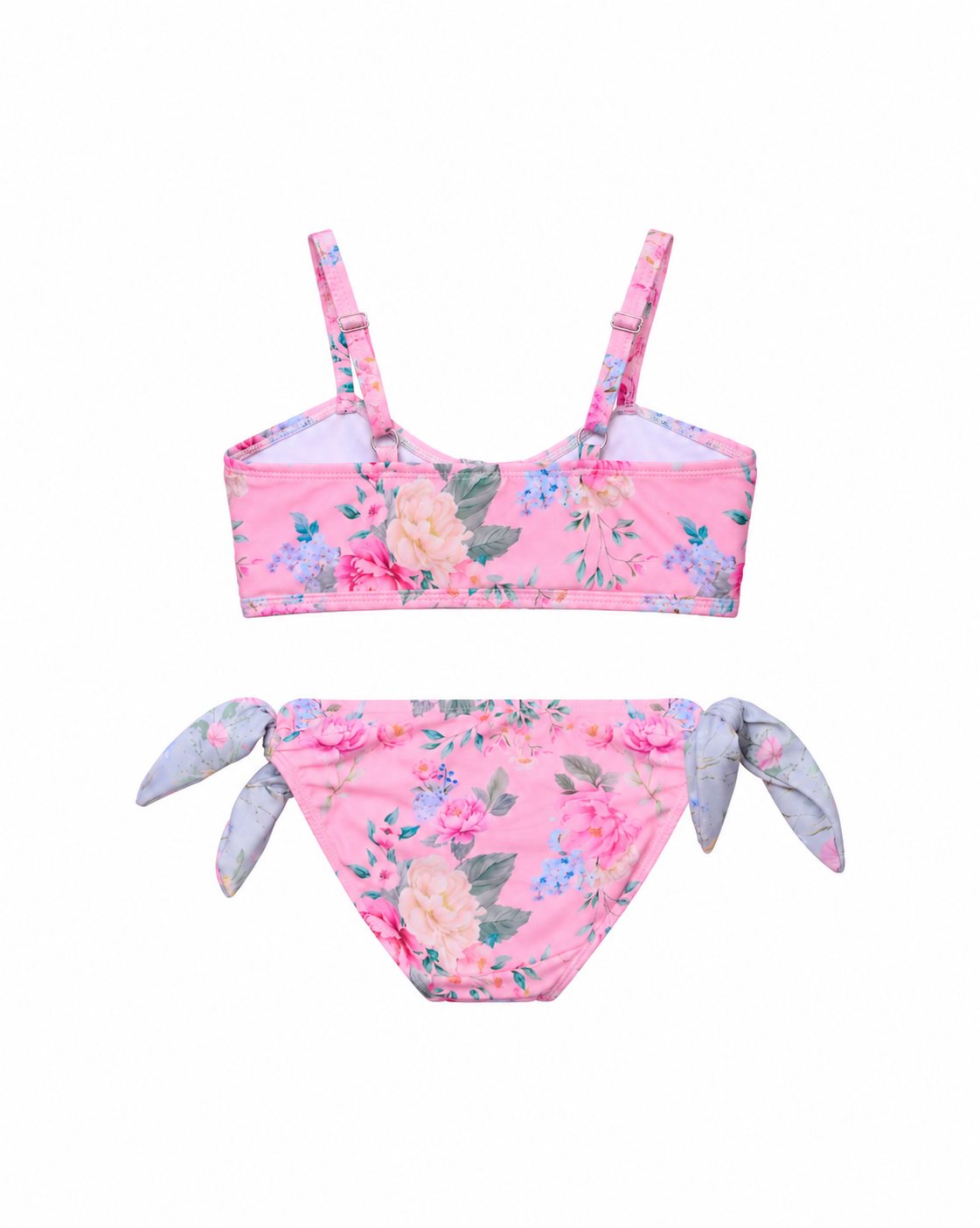 Back view of Olga Valentine Girls Sweetheart Tie Bikini in Lilienne, showing the pink floral top, adjustable straps and pale floral side ties.