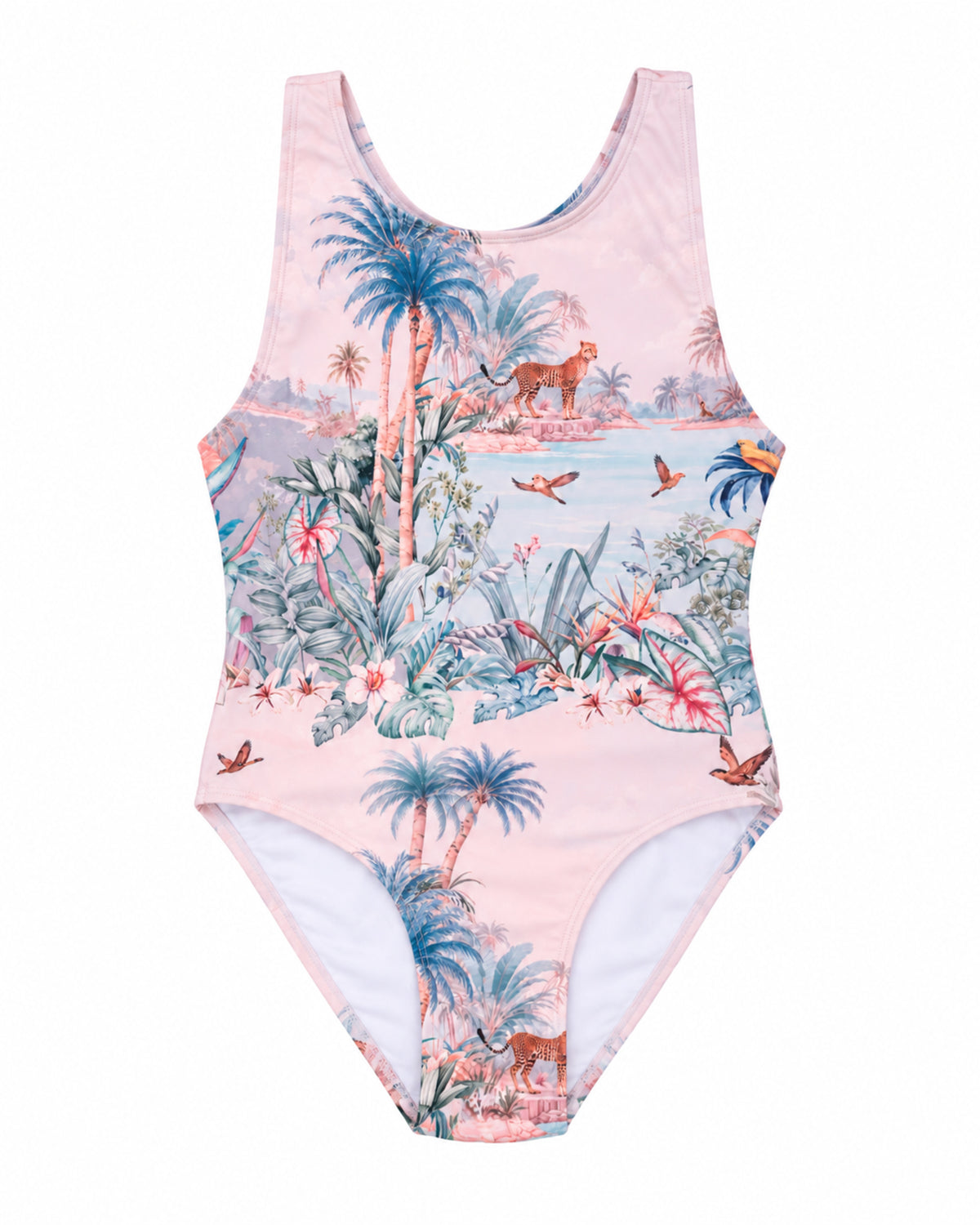 Girls T-Back One Piece Swimsuit in Wild Palms print shown without the removable belt