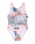Girls T-Back One Piece Swimsuit in Wild Palms print shown without the removable belt