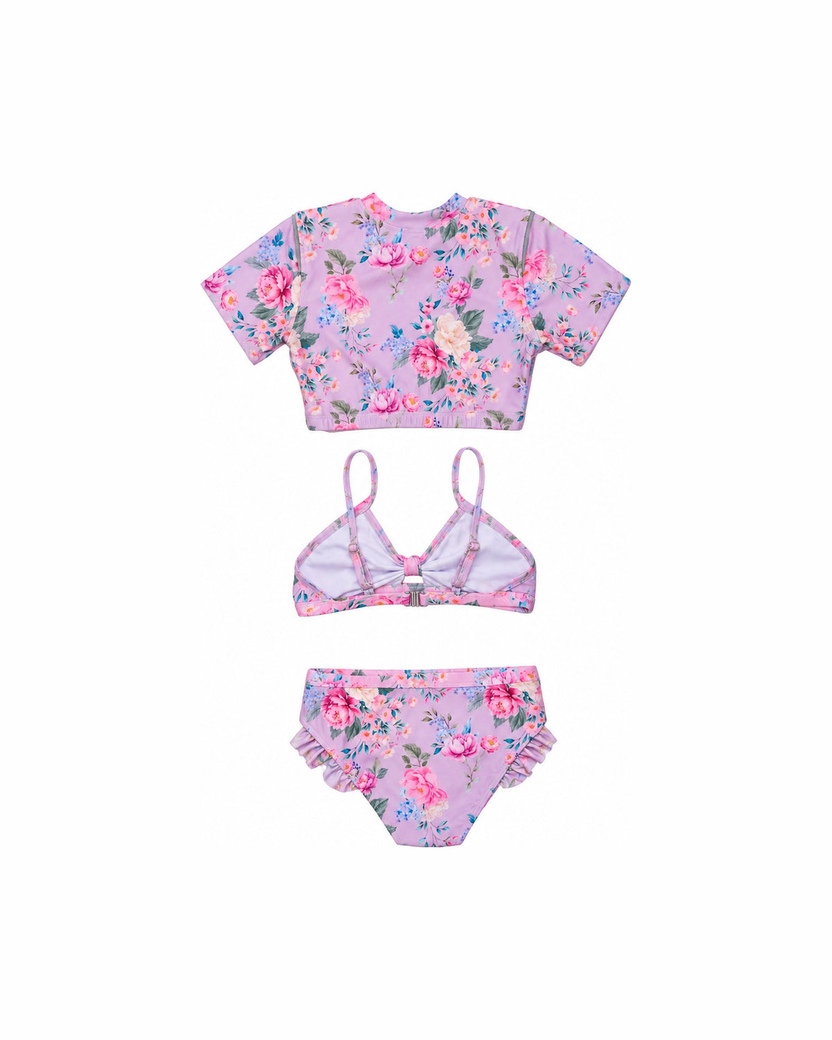 Girls 3 Piece Swim Set – Violetta – back view flat lay | Olga Valentine luxury girls swimwear