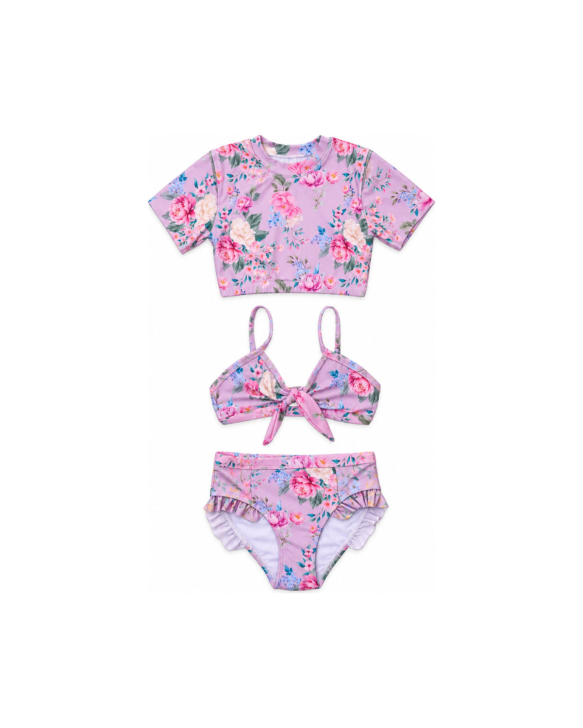 Girls 3 Piece Swim Set – Violetta – front view flat lay | Olga Valentine luxury girls swimwear