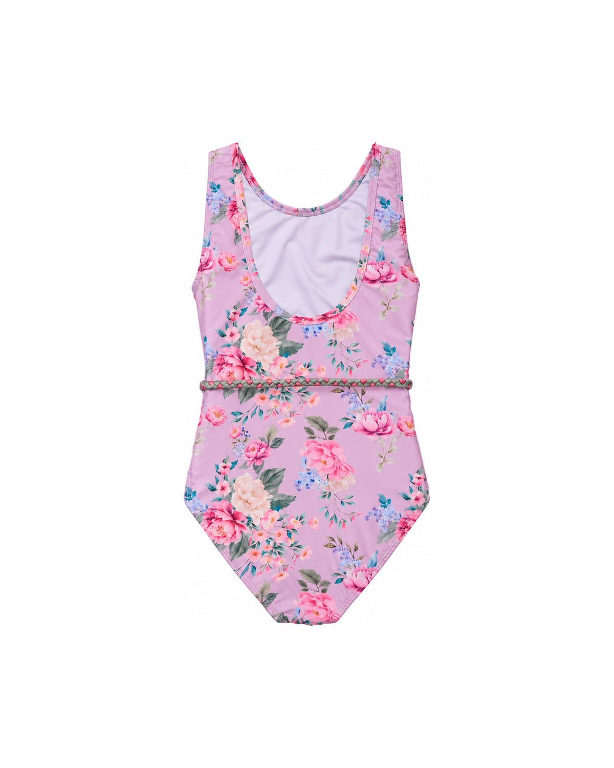 Girls Belt One Piece Swimsuit – Violetta – back view flat lay | Olga Valentine luxury girls swimwear