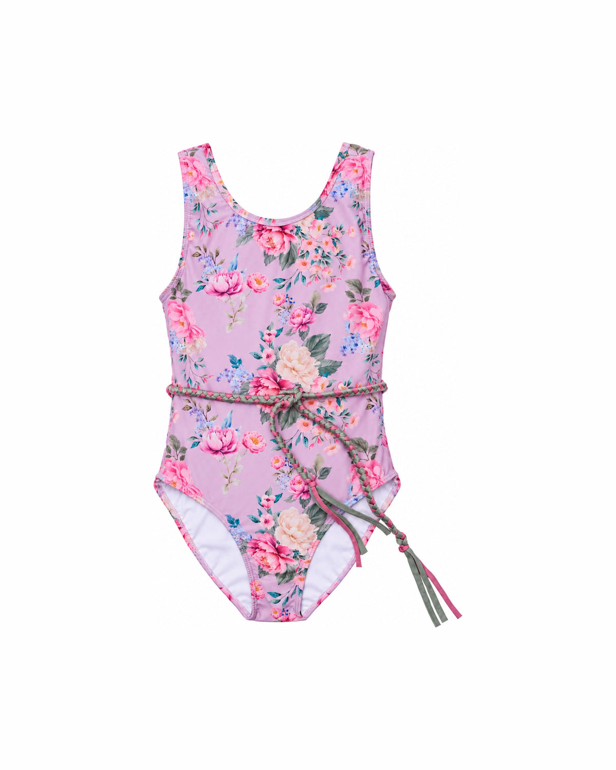 Girls Belt One Piece Swimsuit – Violetta – front view flat lay | Olga Valentine luxury girls swimwear