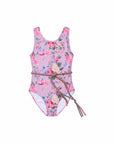 Girls Belt One Piece Swimsuit – Violetta – front view flat lay | Olga Valentine luxury girls swimwear