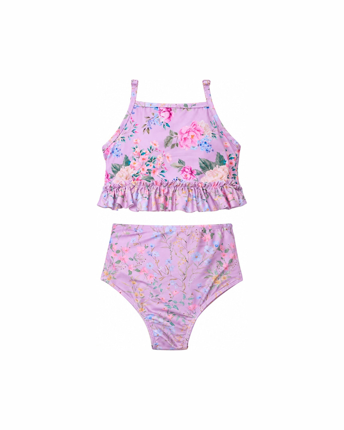 Girls Tankini Swimsuit – Violetta / Clarabelle – front view flat lay | Olga Valentine luxury girls swimwear