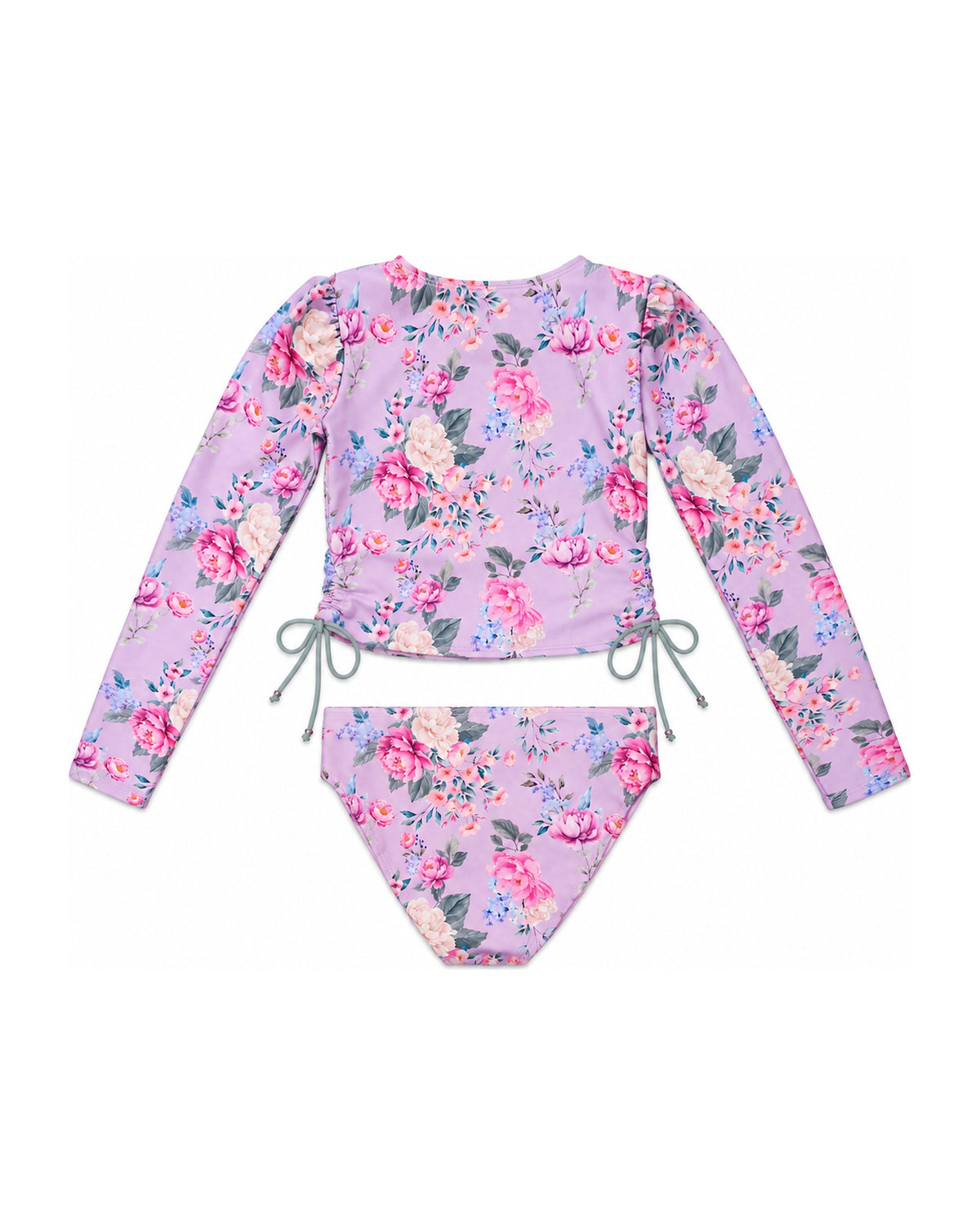 Girls Long Sleeve 2 Piece Swim Set – Violetta – back view flat lay | Olga Valentine luxury girls swimwear