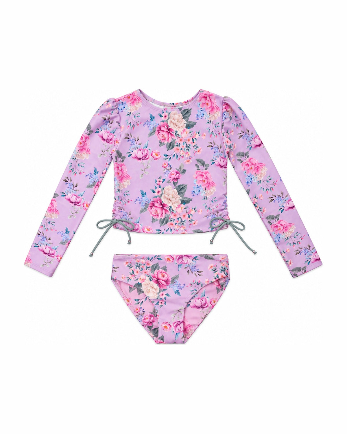 Girls Long Sleeve 2 Piece Swim Set – Violetta – front view flat lay | Olga Valentine luxury girls swimwear