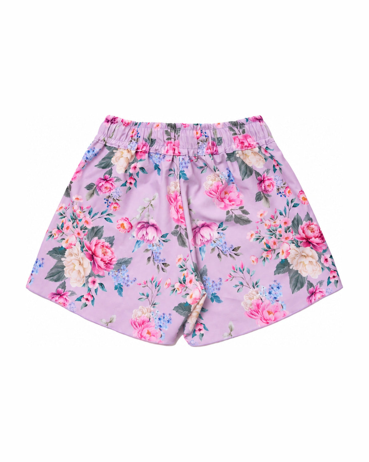 Girls Board Shorts with Tie – Violetta – back view flat lay | Olga Valentine luxury girls swimwear