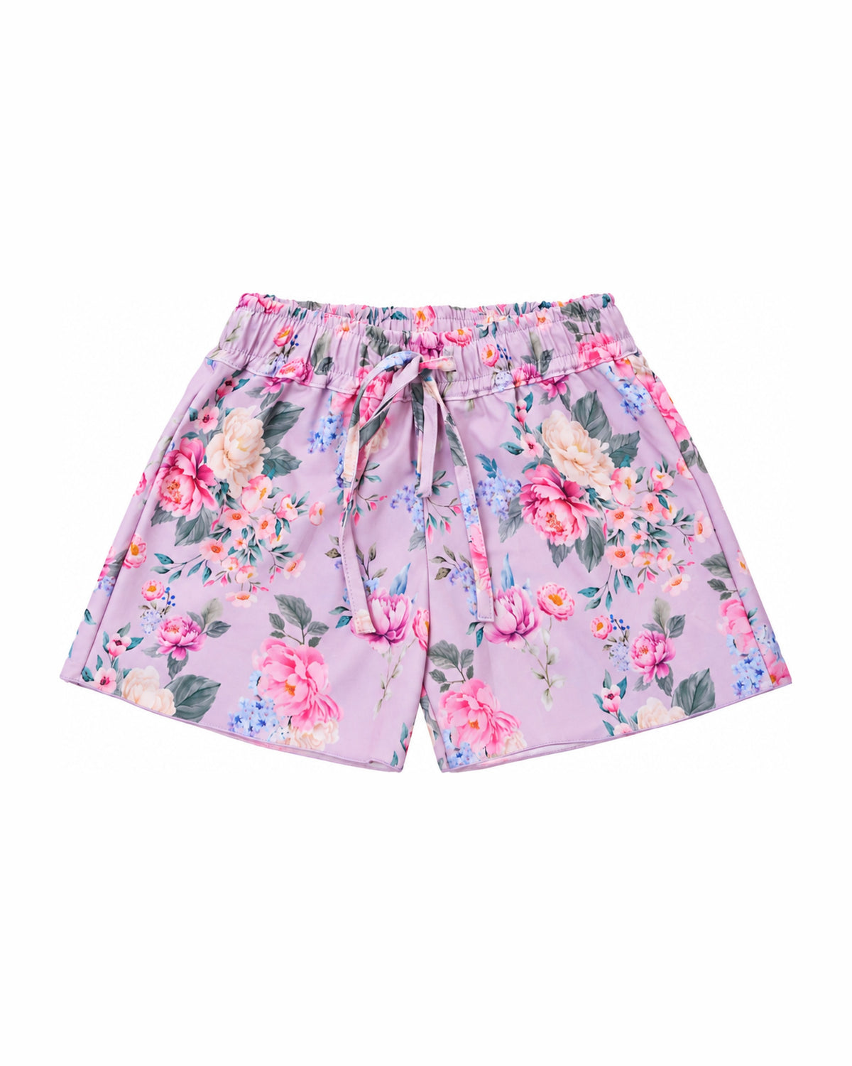 Girls Board Shorts with Tie – Violetta – front view flat lay | Olga Valentine luxury girls swimwear