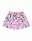 Girls Board Shorts with Tie – Violetta – front view flat lay | Olga Valentine luxury girls swimwear