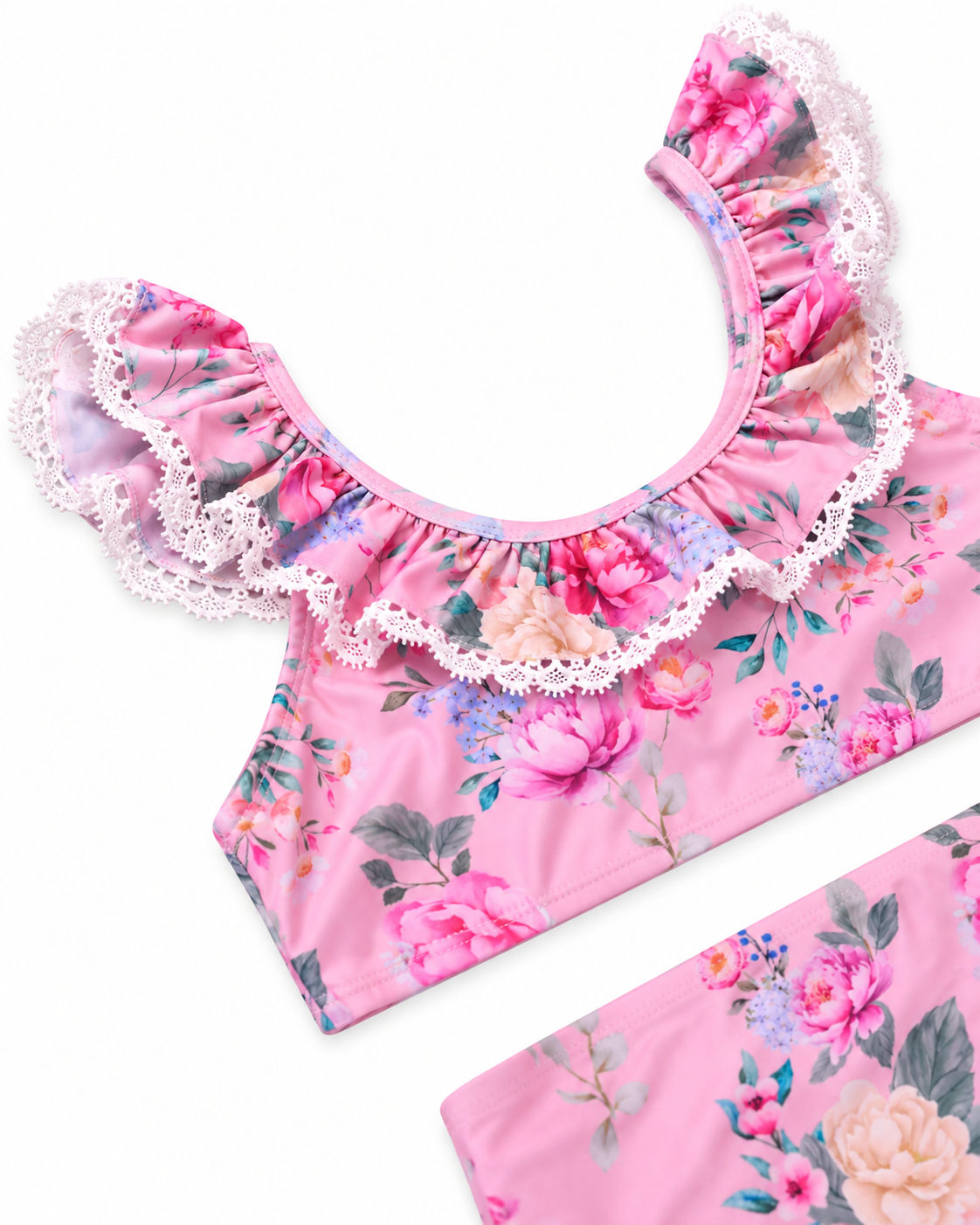 Lilienne floral bikini ruffle neckline and lace trim detail by Olga Valentine