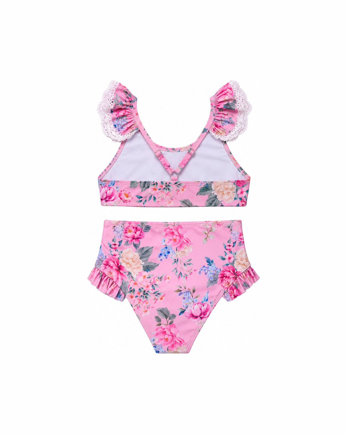 Girls Ruffle Neckline Bikini – Lilienne – back view flat lay | Olga Valentine luxury girls swimwear