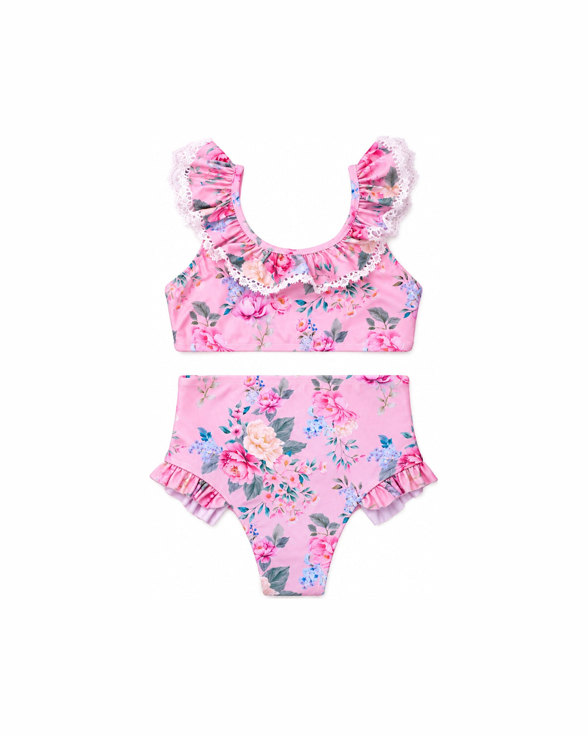 Girls Ruffle Neckline Bikini – Lilienne – front view flat lay | Olga Valentine luxury girls swimwear