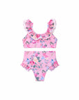 Girls Ruffle Neckline Bikini – Lilienne – front view flat lay | Olga Valentine luxury girls swimwear