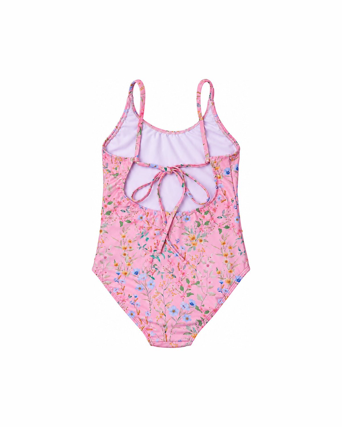 Girls One Piece Swimsuit – Tie Back – Primrose (Limited Edition) – back view flat lay | Olga Valentine luxury girls swimwear