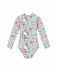 Girls Long Sleeve Zip One Piece – Celestine – back view flat lay | Olga Valentine luxury girls swimwear
