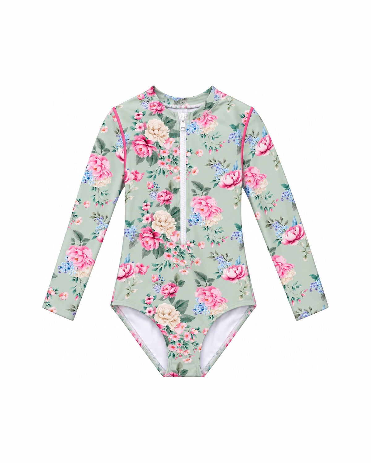 Girls Long Sleeve Zip One Piece – Celestine – front view flat lay | Olga Valentine luxury girls swimwear