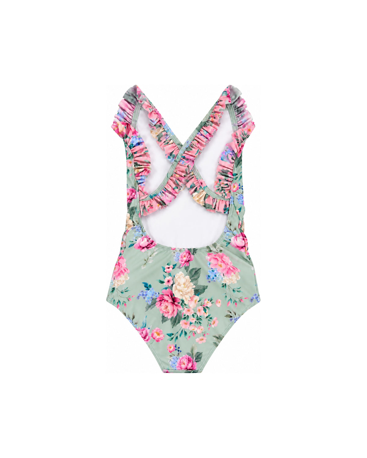 Girls Frill Cross Back One Piece – Celestine – back view flat lay | Olga Valentine luxury girls swimwear
