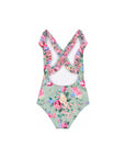 Girls Frill Cross Back One Piece – Celestine – back view flat lay | Olga Valentine luxury girls swimwear