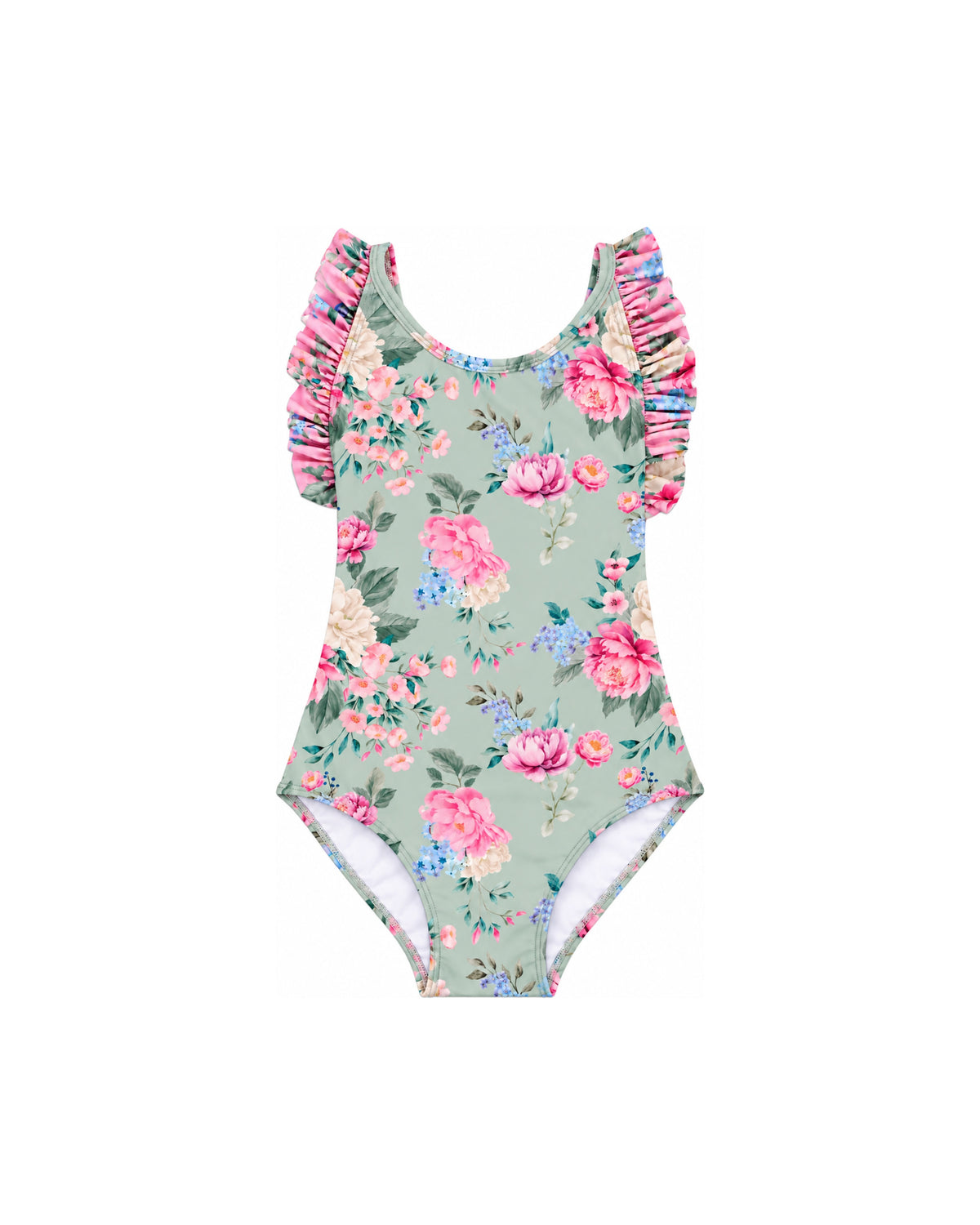 Girls Frill Cross Back One Piece – Celestine – front view flat lay | Olga Valentine luxury girls swimwear