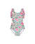 Girls Frill Cross Back One Piece – Celestine – front view flat lay | Olga Valentine luxury girls swimwear