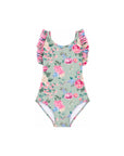 Girls Frill Cross Back One Piece – Celestine – front view flat lay | Olga Valentine luxury girls swimwear