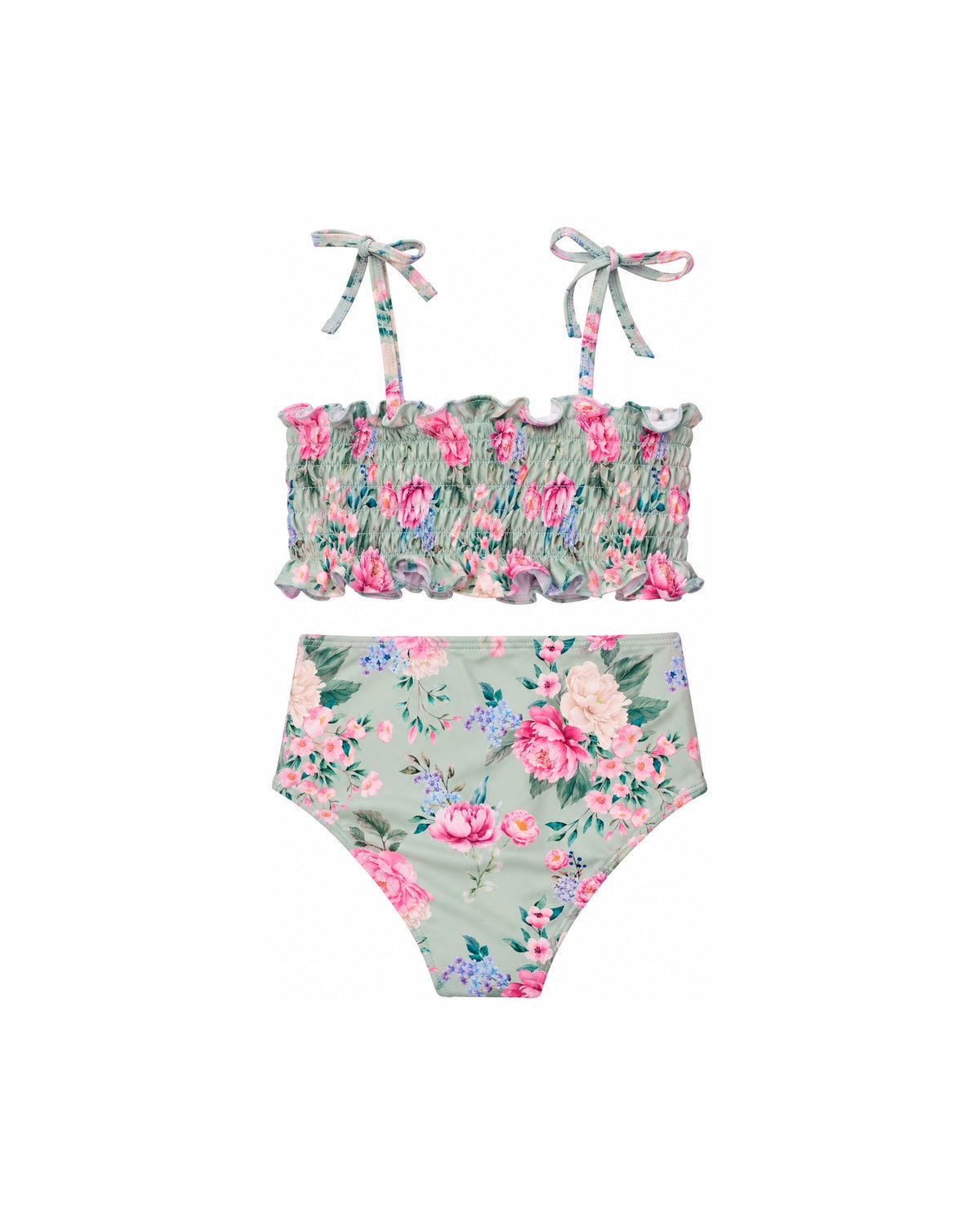 Girls Shirred Bikini – Celestine – back view flat lay | Olga Valentine luxury girls swimwear